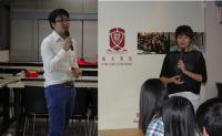 Mr Brian Yeung and Ms Carly Chan sharing her experiences on exchange in communal dining